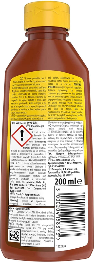 PRONTO LEGNO VIVO CREMA NUTRIENTE E PROTETTIVA IN CERA D'API DA 200 ML