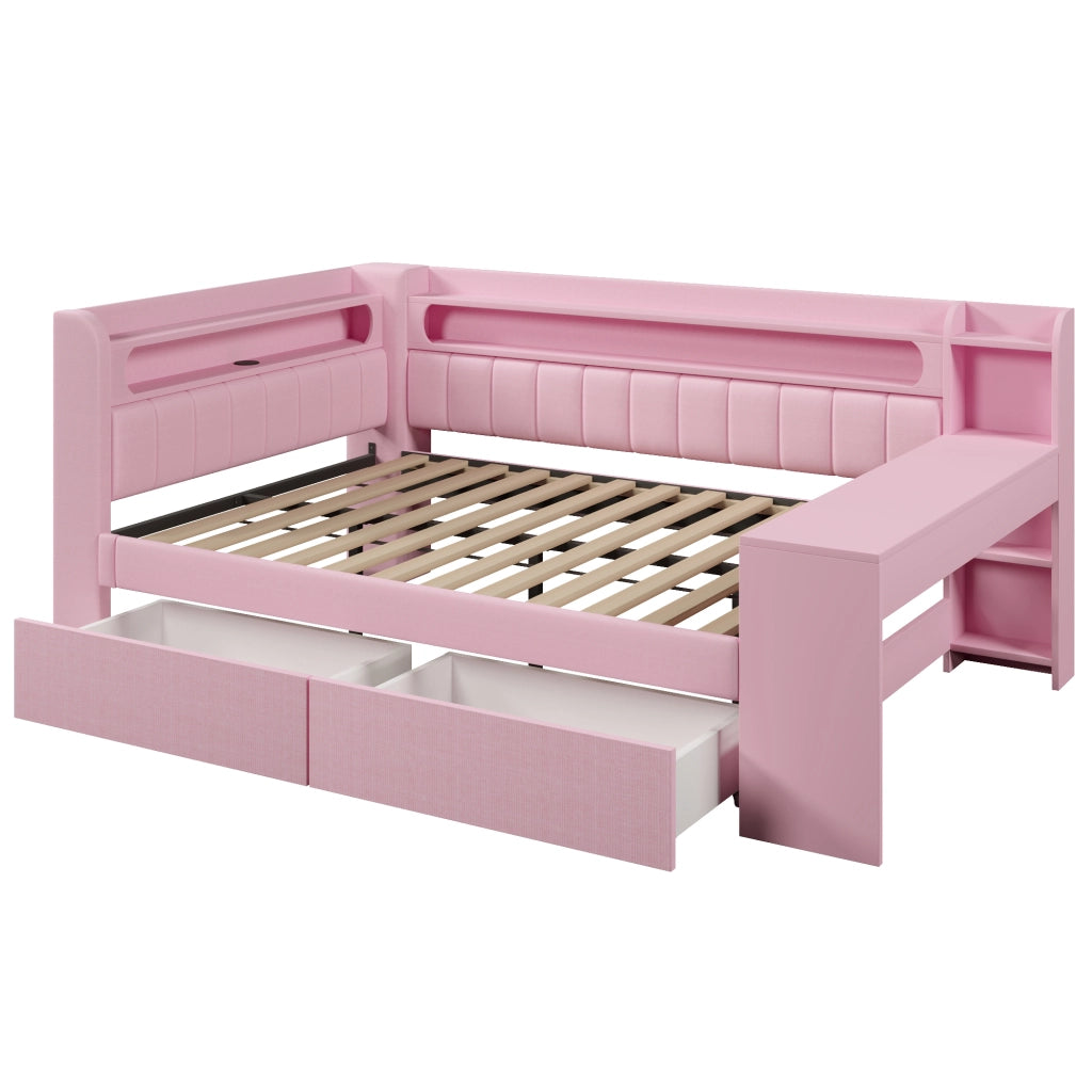 Letto imbottito 140x200 - Zephmum - Rosa con USB, LED, scrivania e 2 cassetti