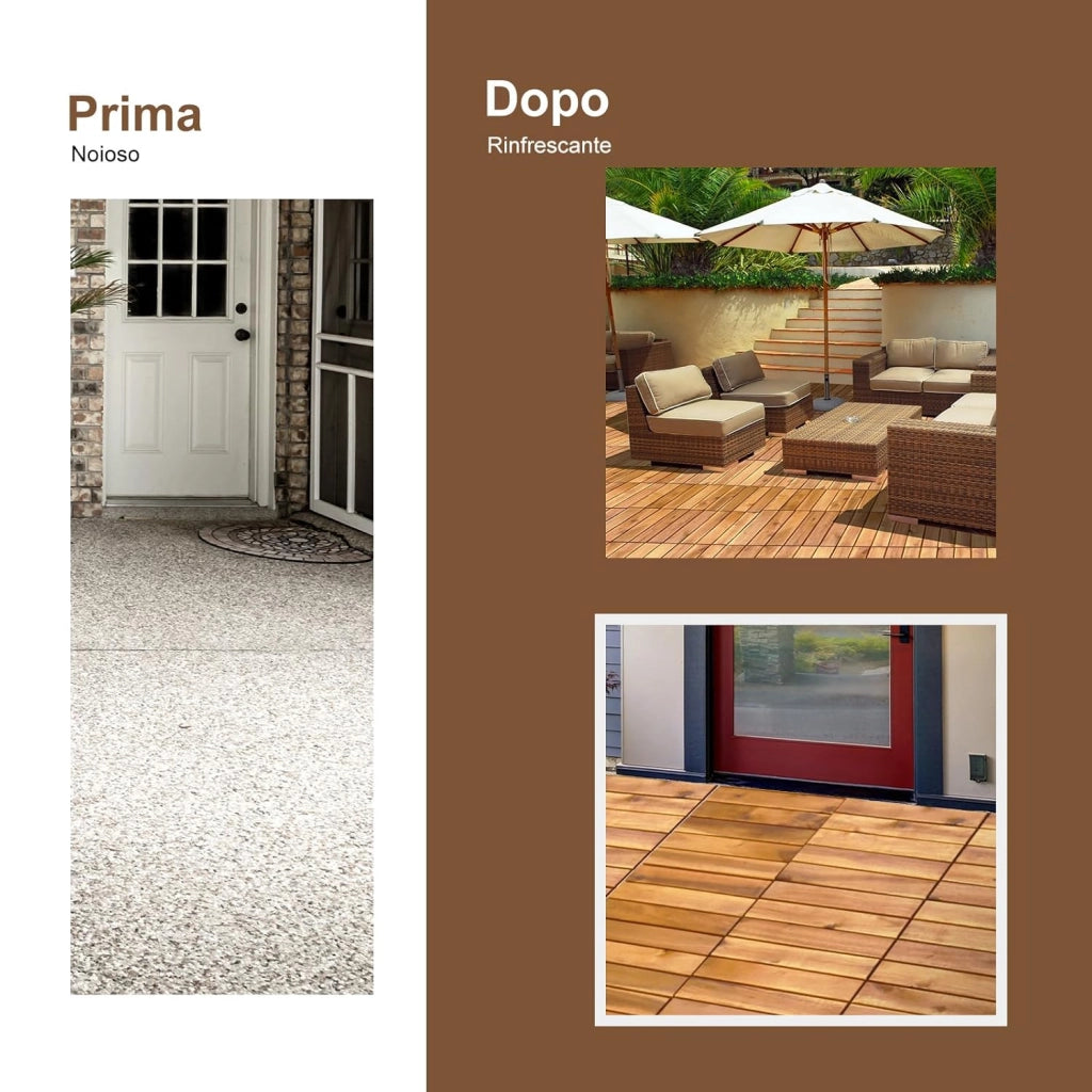Pavimento Esterno in Legno di Acacia, 27 Piastrelle 30 x 30 cm, Senza Attrezzi, Superficie 2,43 ㎡, Mattonelle in legno per Interno Esterno Balcone Soggiorno (Stile 2)