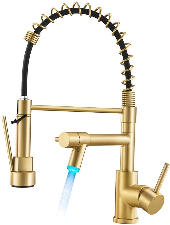 Kraan LED professionale per cucina, 360° girevole con due uscite, grande arco, rubinetto doccia a spirale per cucina, per rubinetto lavandino, in oro