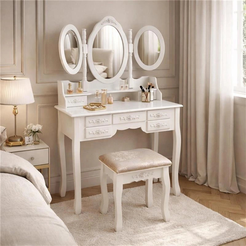 MA MAISON TOELETTA BIANCA IN LEGNO 90X40X146 CM, CONSOLLE TRUCCO CON 3 SPECCHI E SGABELLO, POSTAZIONE MAKE UP PER CAMERA DA LETTO