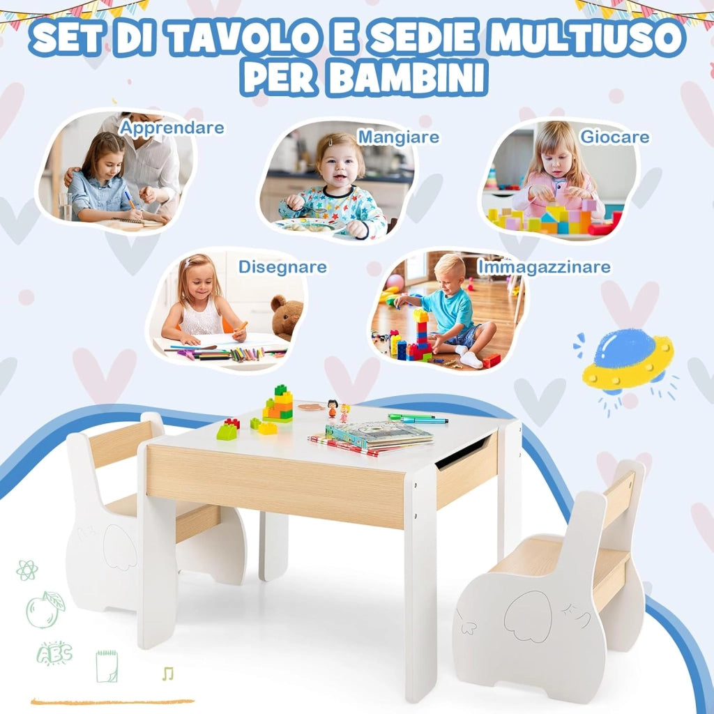 Set Tavolo e Sedie per Bambini, Set di Tavolo da Attività per Bambini con 2 Sedie, Lavagna Rimovibile e Deposito, per Giocare, Disegnare e Leggere (bianco)