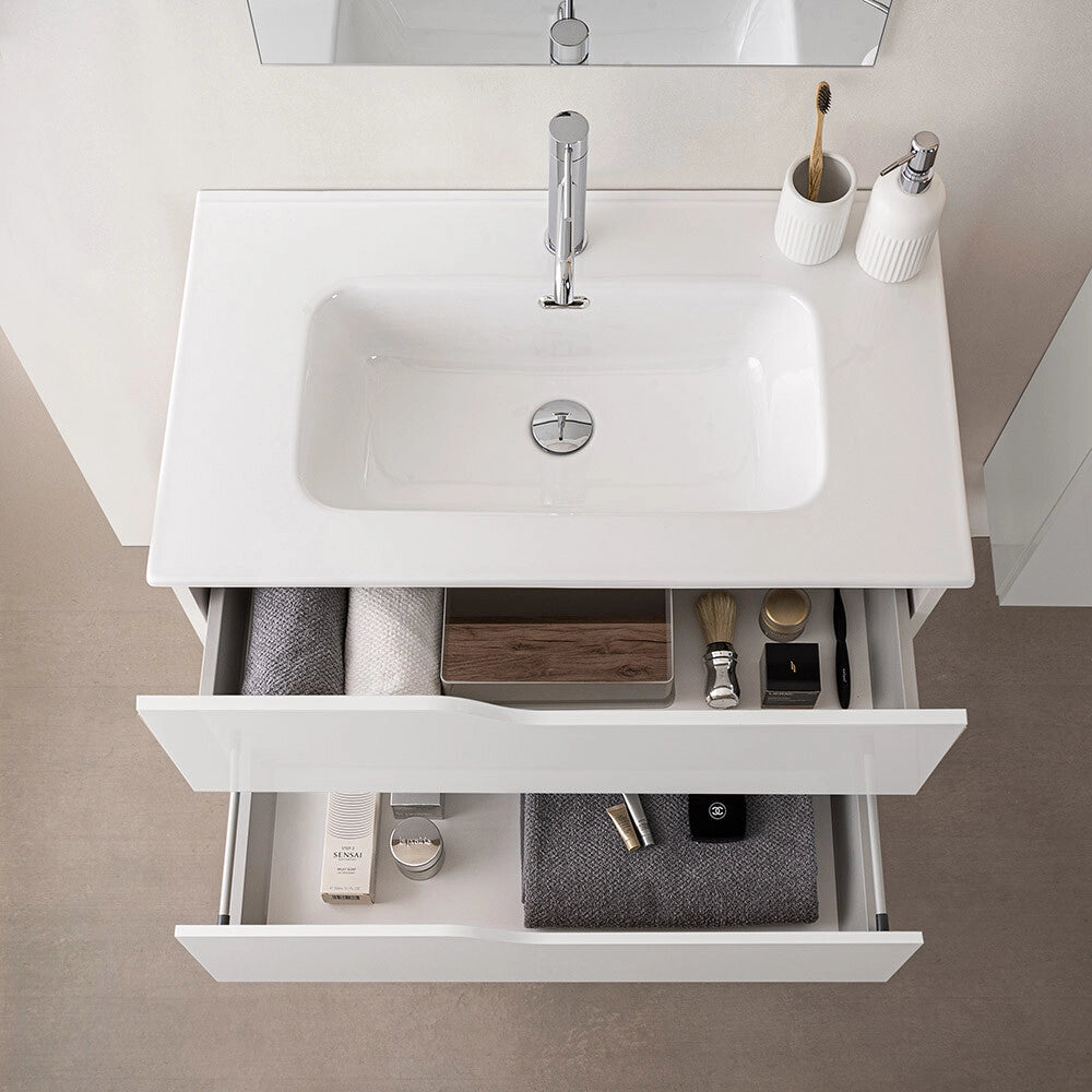 Mobile bagno sospeso 80cm bianco e quercia con pensile e lavabo Sumya