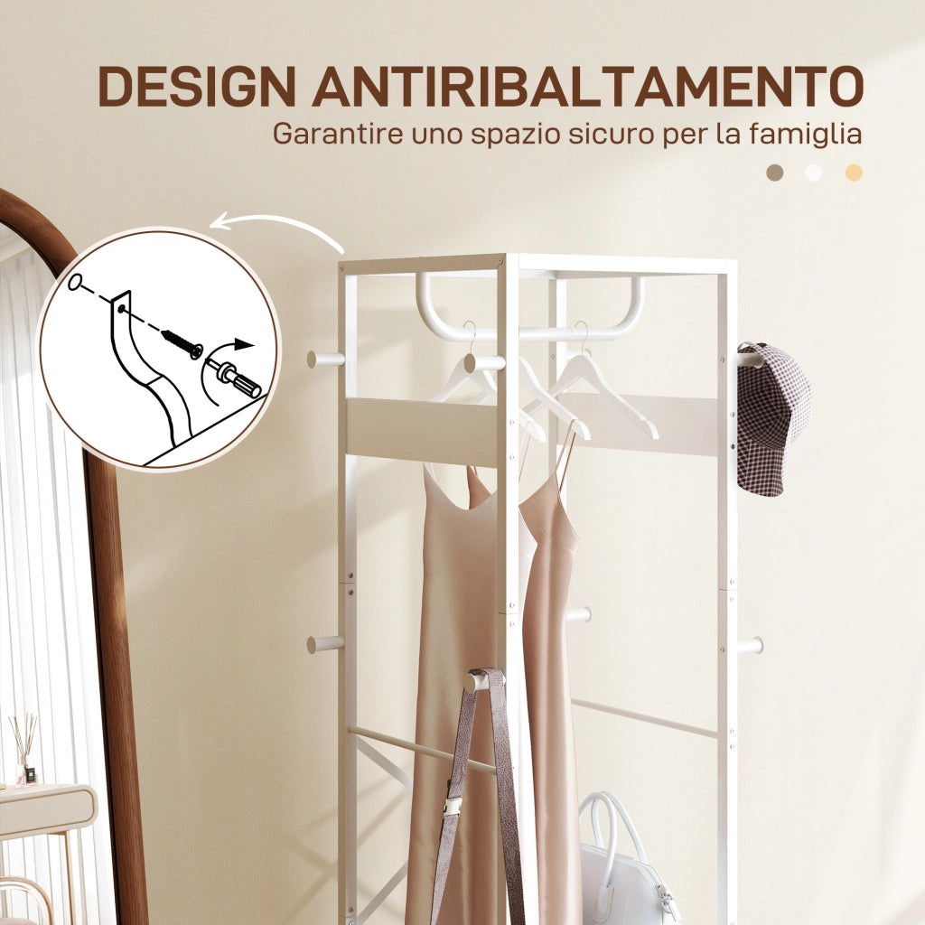 Appendiabiti con Asta e 2 Ripiani Aperti ¨C Minimal ¨C Bianco e Legno 38.5x30x170 cm