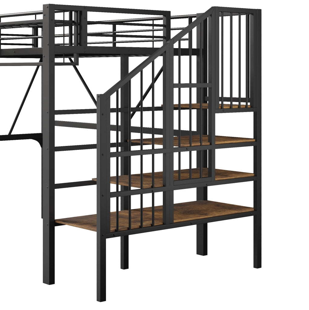 Letto a soppalco 90x200 cm in metallo e MDF con scala contenitore; LED; nero