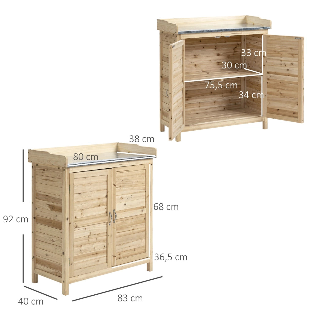 Mobile da giardino con 2 scomparti e piano di lavoro in metallo ¨C Xylo ¨C legno naturale 83x40x92 cm