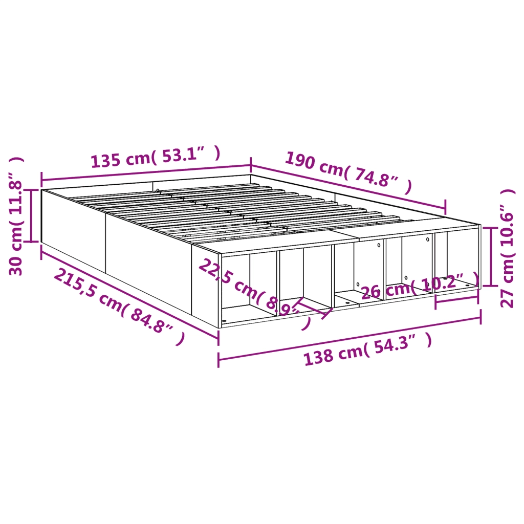 Letto matrimoniale | Letto per adulti | Giroletto Rovere Sonoma 135x190 cm in Legno Multistrato