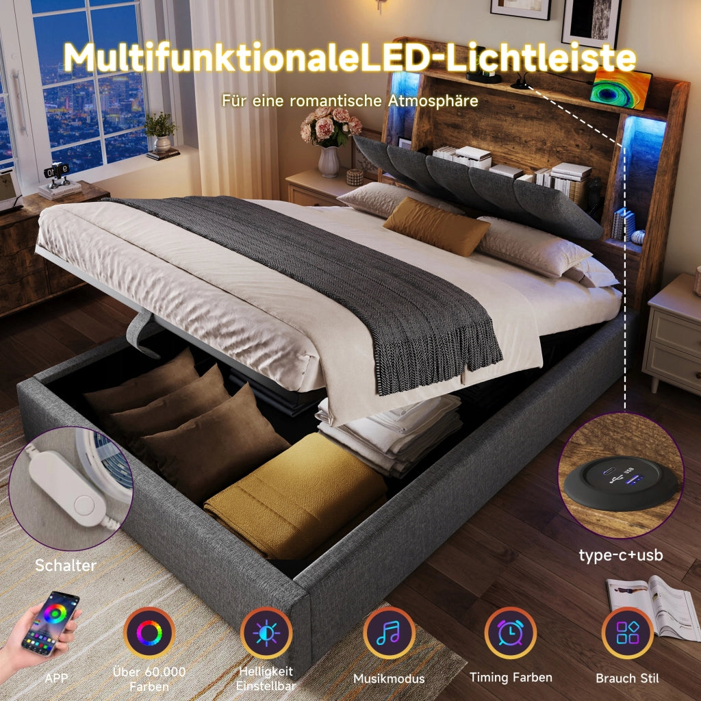 Letto imbottito singolo - Xylo - 90x200 - Grigio - Stelaio sollevabile USB-C