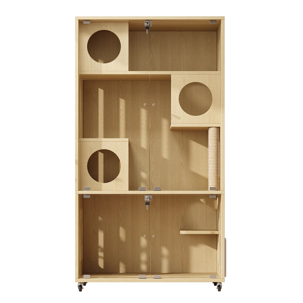 Villa Mobile per Gatti 90×50×166 cm con Porta in Vetro con Chiave; 3 Livelli; Ruote e Gattaiola Regolabile
