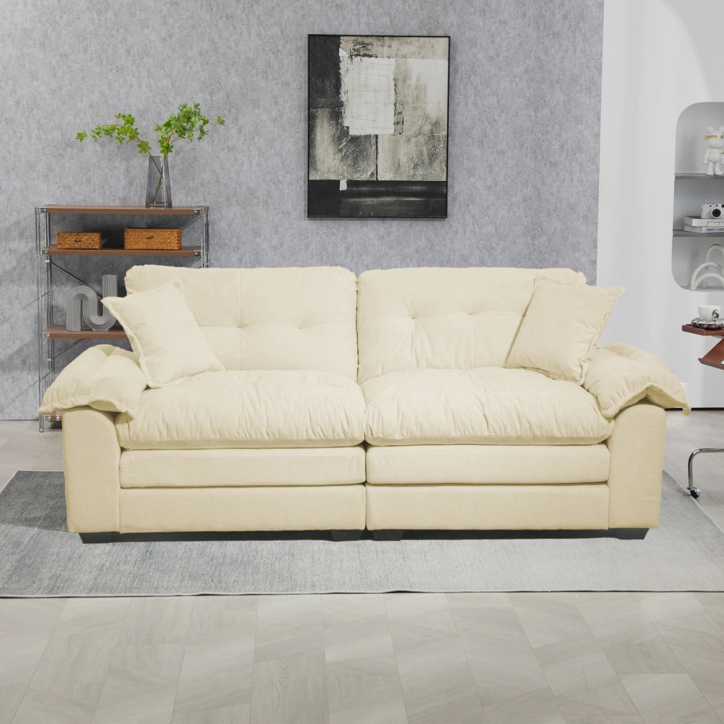 Divano in ciniglia con cuscini e seduta profonda in memory foam, struttura stabile beige