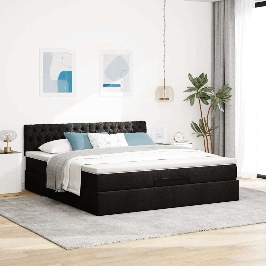 Struttura Letto Pouf con Materasso Nero 160x200 cm in Tessuto 3312404