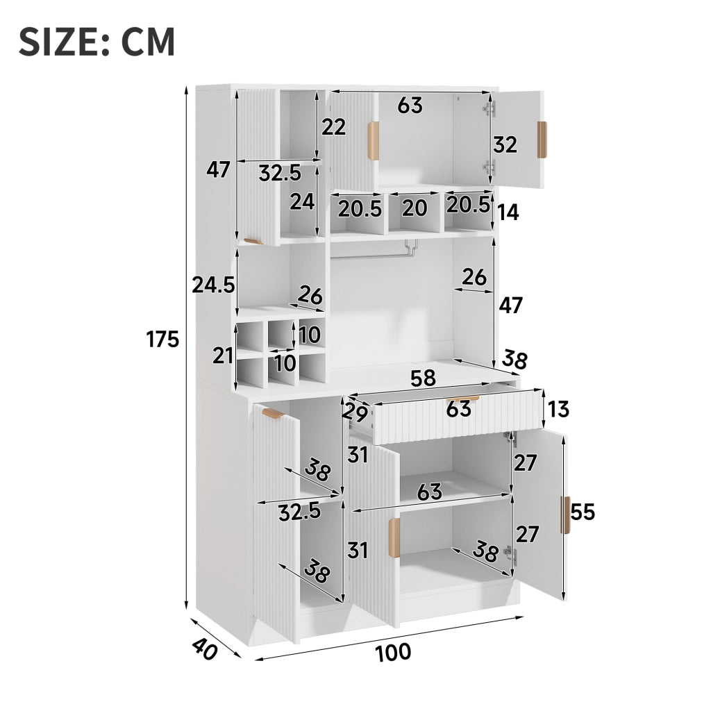 Credenza alta con 2 prese e porte USB-A e USB-C, porta bicchieri e bottiglie, per cucina e sala da pranzo, 100 × 40 × 175 cm