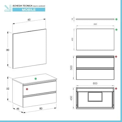 Mobile bagno sospeso 80 cm grigio cemento con top e specchio tondo Master