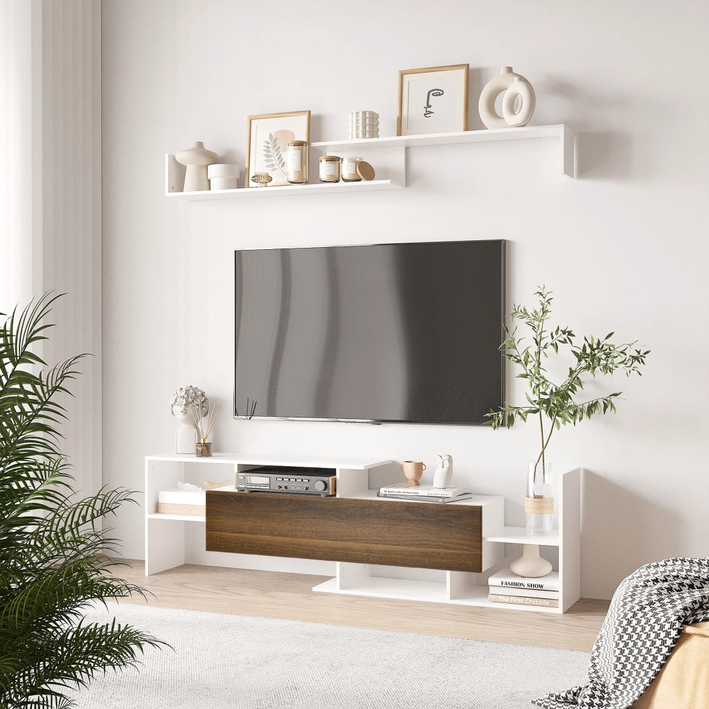 Mobile TV con Ripiani Aperti e Armadietto Chiuso ¨C Minimal ¨C Truciolato Bianco e Marrone
