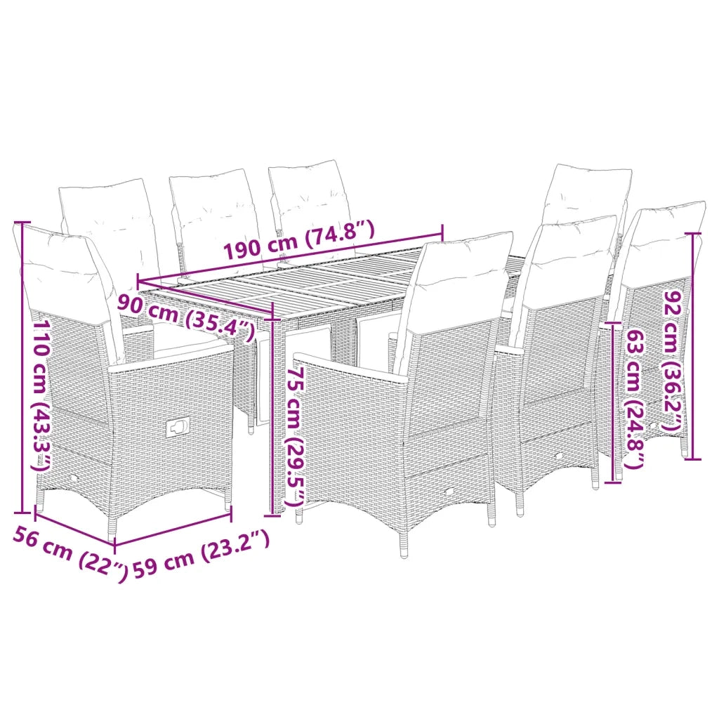 Set Bistrò da Giardino 9 pz con Cuscini in Polyrattan Nero 3276964