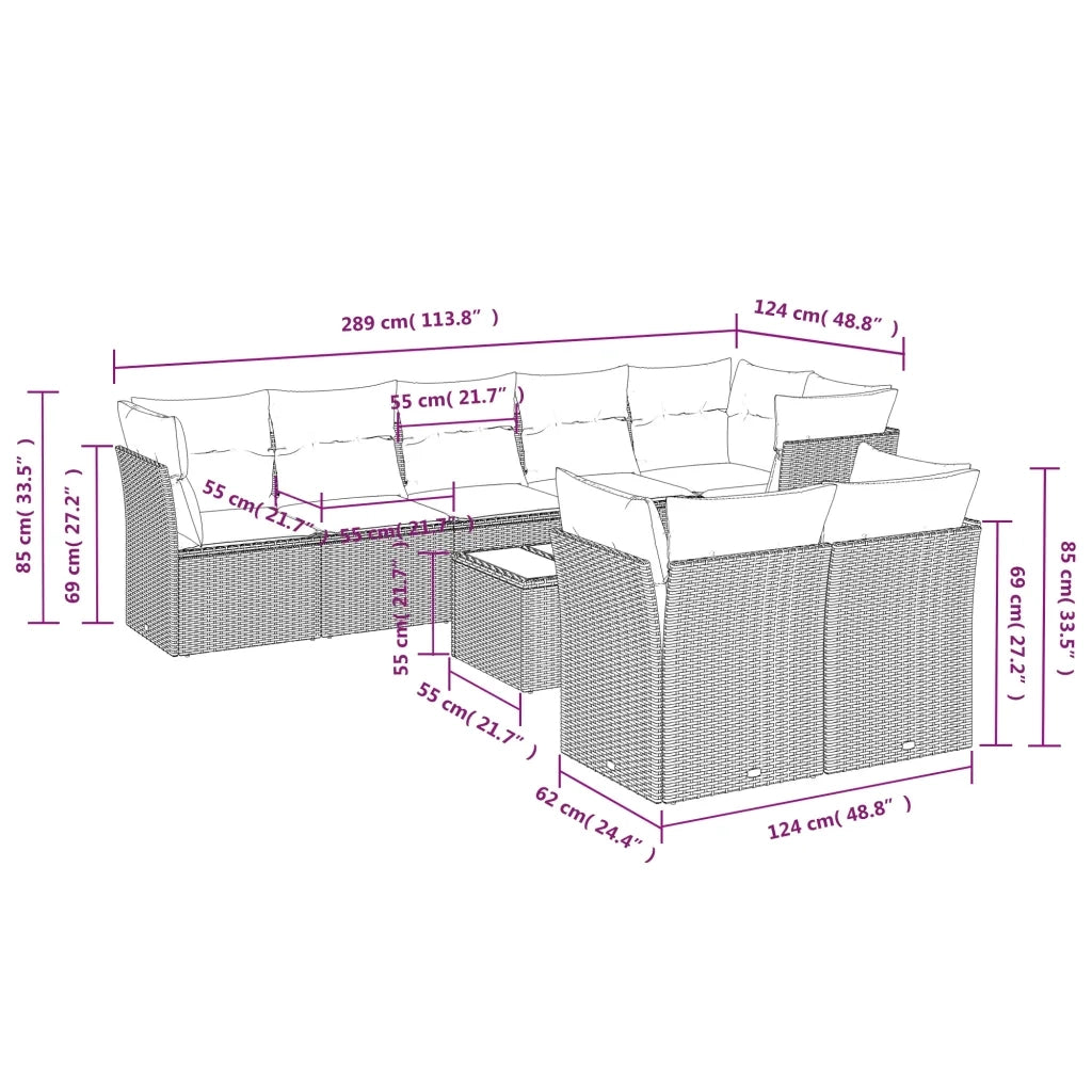 Set Divano da Giardino 9pz con Cuscini Grigio Chiaro Polyrattan