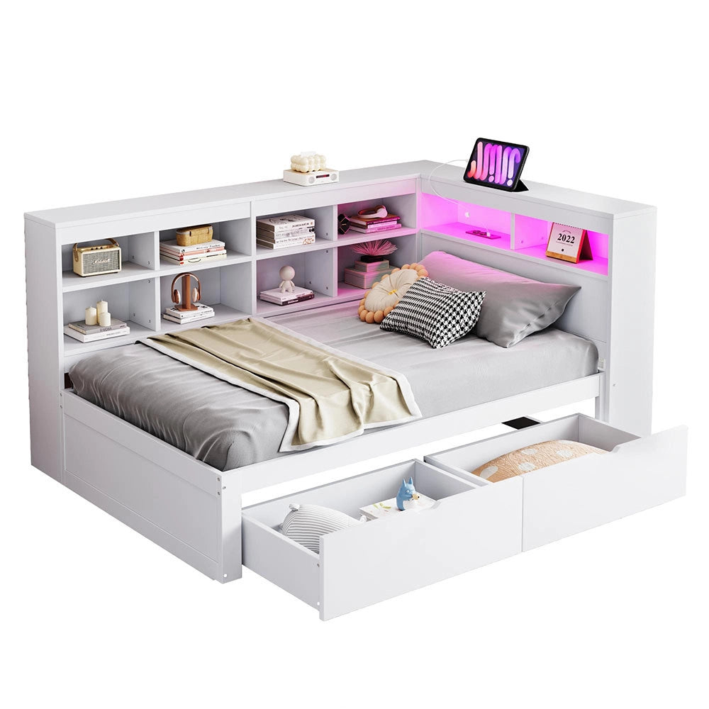 Divano letto massello 90x200cm - Xylo - bianco, porte USB, scomparti