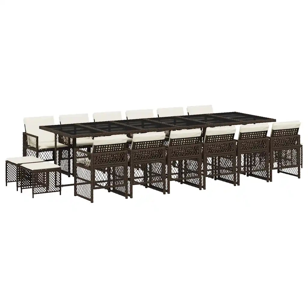 Set da Pranzo da Giardino 17 pz con Cuscini Marrone Polyrattan