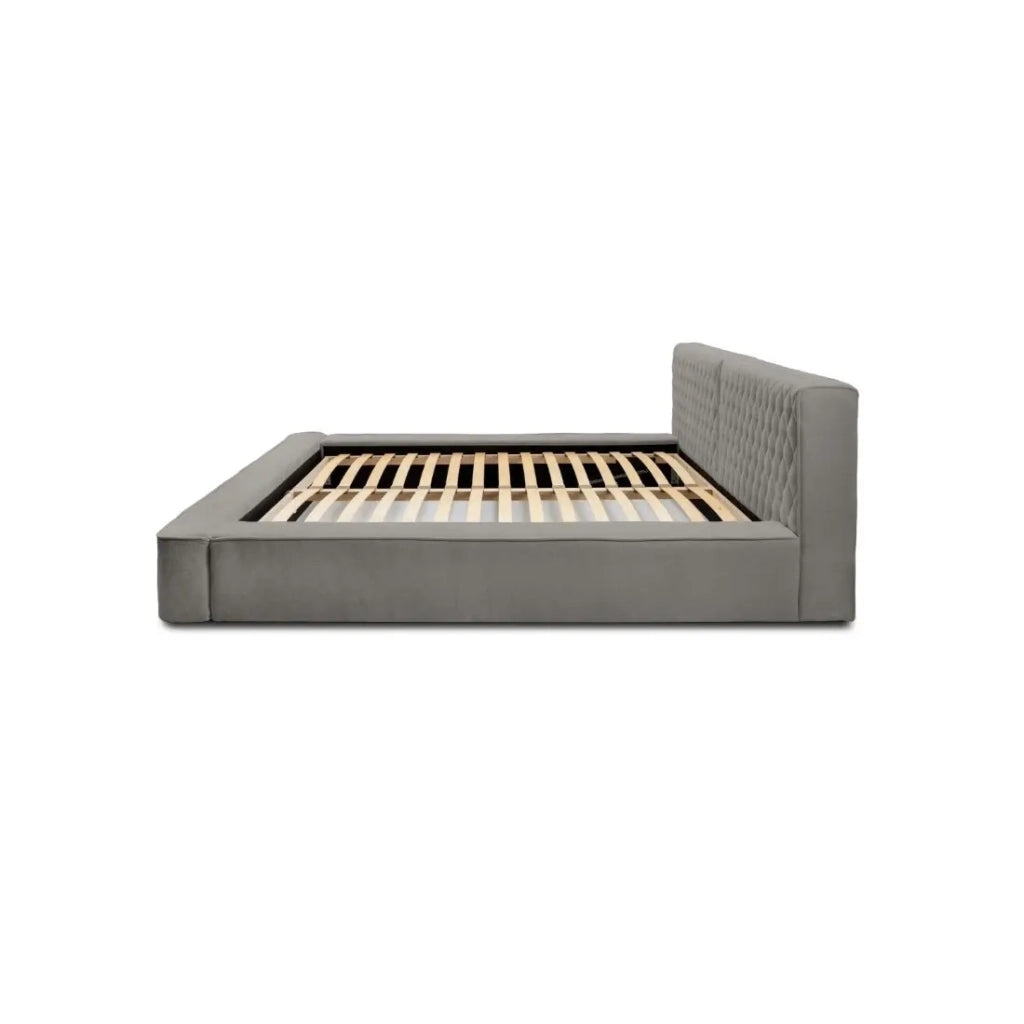 Letto contenitore VERNON – Tessuto ciniglia bouclé cenere taupe – 180x200 cm – Rete sollevabile – Design di alta gamma