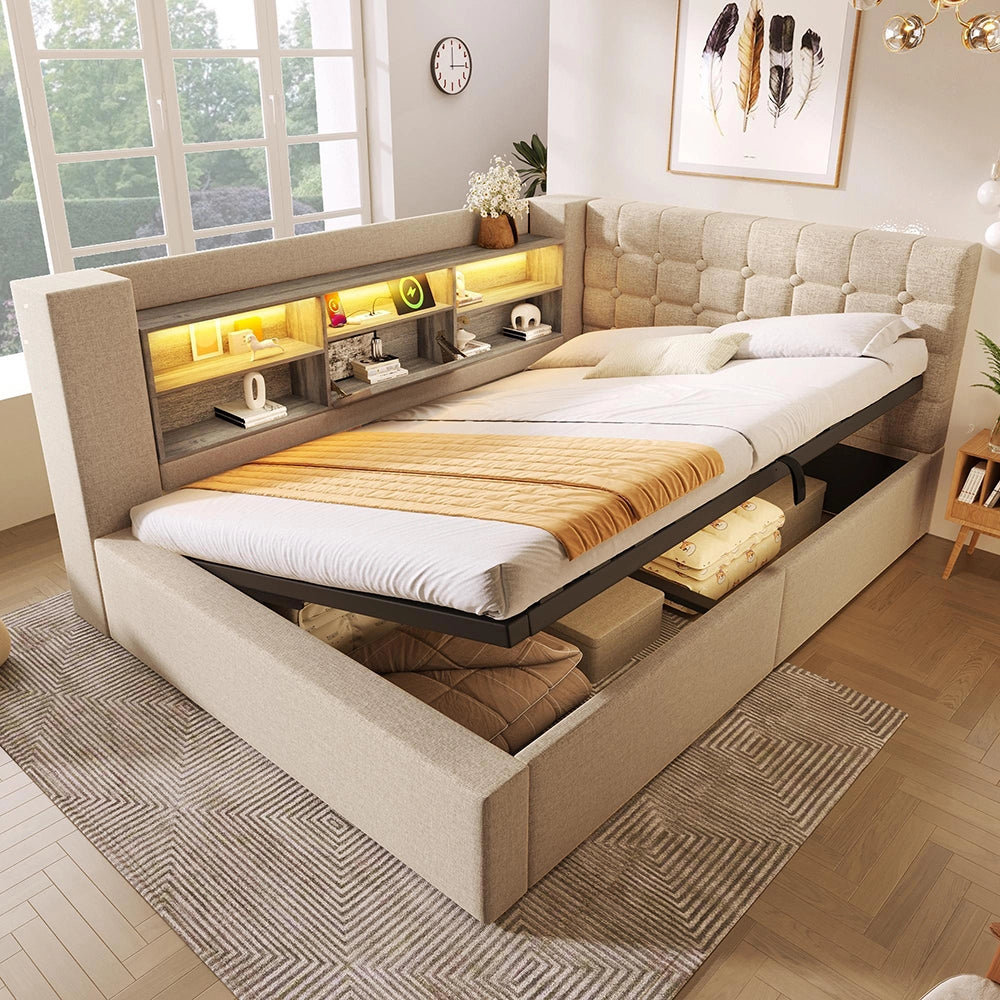 Letto imbottito-Xylo-140x200cm LED idraulico testiera a L lino beige senza materasso