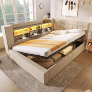 Letto imbottito-Xylo-140x200cm LED idraulico testiera a L lino beige senza materasso