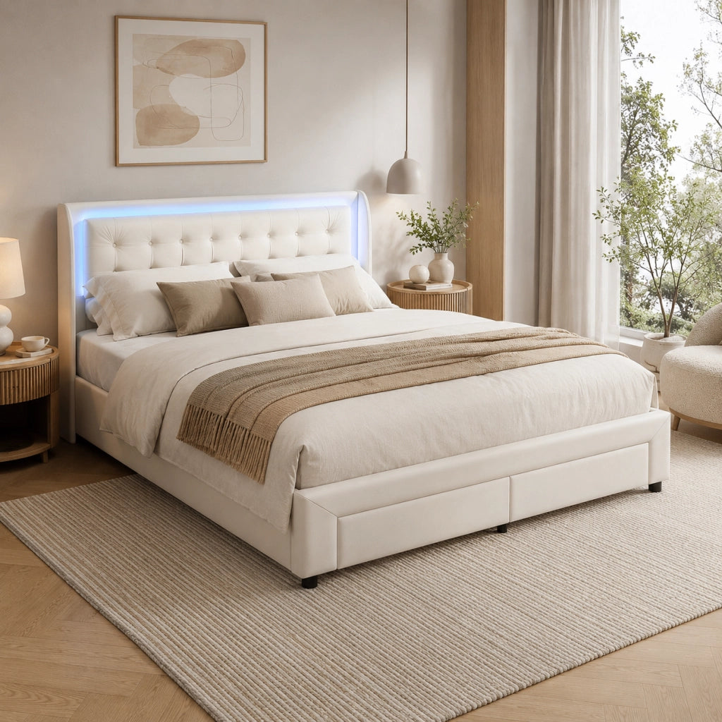 Letto matrimoniale contenitore idraulico 140x190 cm, imbottito velluto beige, testiera LED RGB telecomandata, 2 cassetti, 350kg