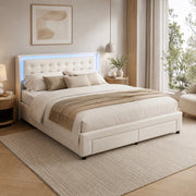 Letto matrimoniale contenitore idraulico 140x190 cm, imbottito velluto beige, testiera LED RGB telecomandata, 2 cassetti, 350kg