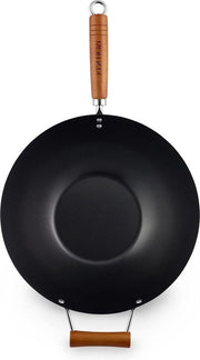 Wok in Acciaio di Carbonio da 35cm - Non Aderente - Manico di Legno - Non Induzione - Base Piana - Non Idoneo alla Lavastoviglie - Garanzia 2 Anni