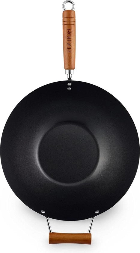 Wok in Acciaio di Carbonio da 35cm - Non Aderente - Manico di Legno - Non Induzione - Base Piana - Non Idoneo alla Lavastoviglie - Garanzia 2 Anni