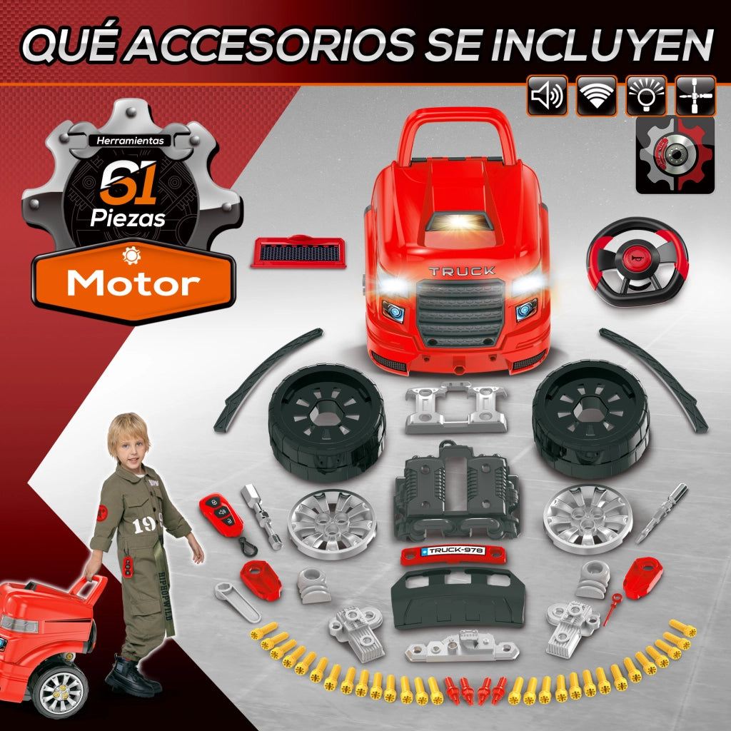 Set Motore Camion Giocattolo per Bambini ¨C Xylo ¨C 61 Pezzi con Volante e Luci LED Rosso 40x39x47cm