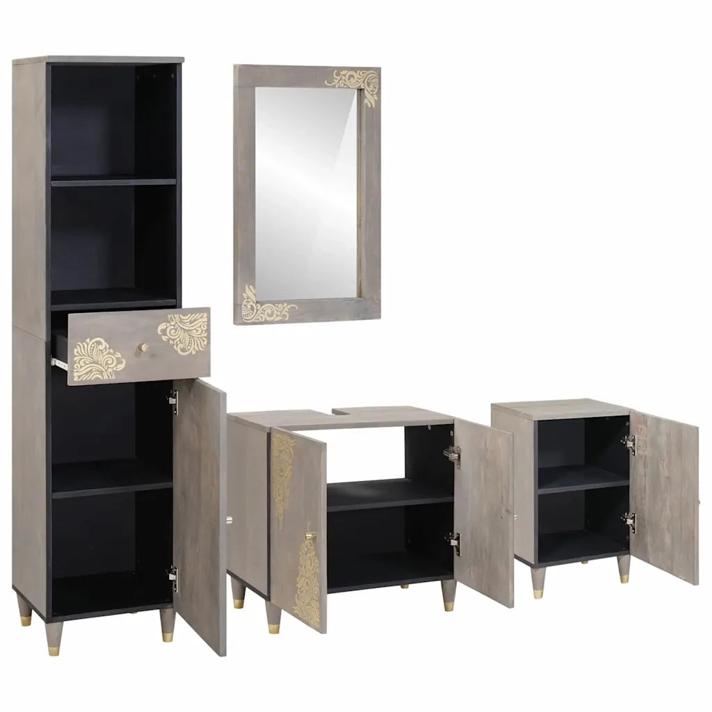 Set di Armadi da Bagno 4 pcs Grigio Legno di mango massello