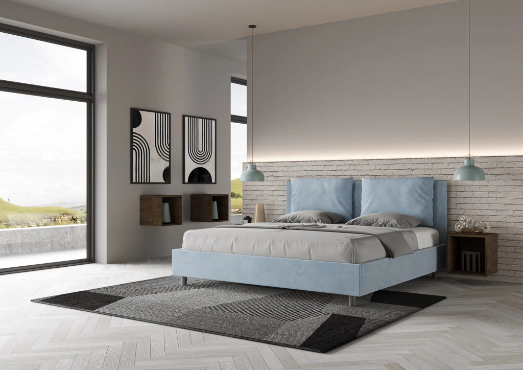 BS COM Letto matrimoniale king size senza rete imbottito 190x190 microfibra azzurro
