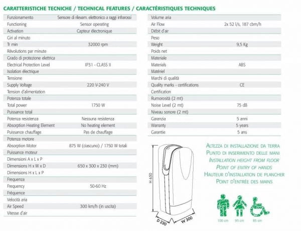Asciugamani elettrico da parete - Tornado Protech SF plastica grigio