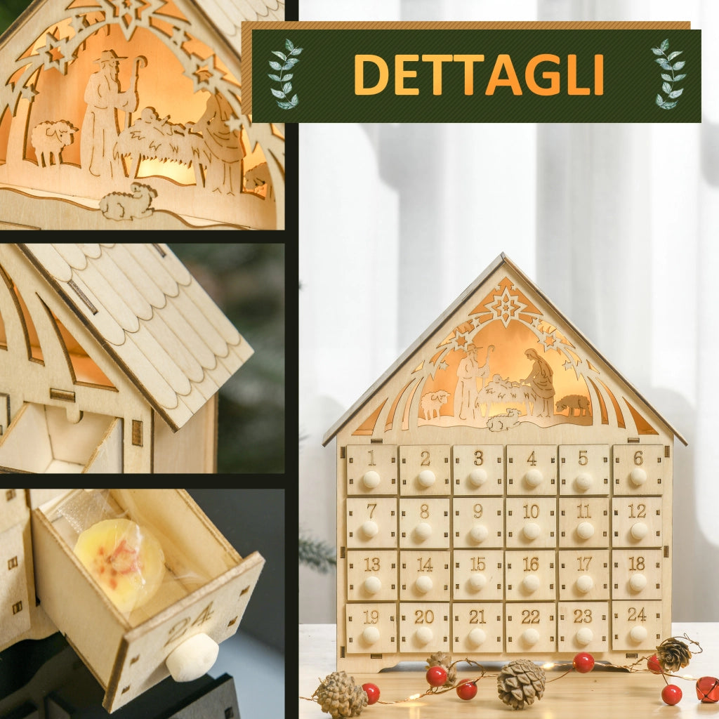 Calendario dell'Avvento in Legno con 24 Cassetti ¨C Xylo ¨C Decorazione Natalizia con Presepe e Luci, 26.6x6x30cm