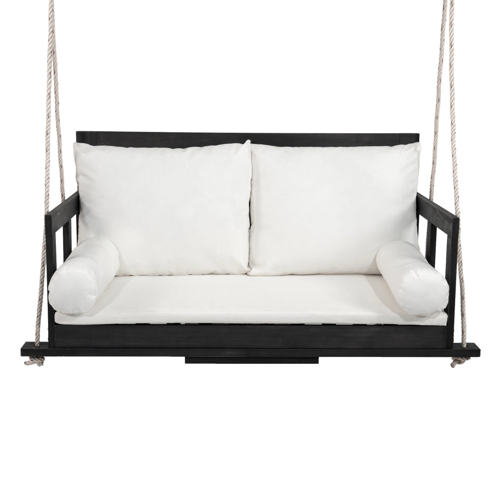 Altalena doppia altalena sospeso per il giardino esterno inclusi cuscini e due corde telaio non incluso. Il cuscino è rimovibile e lavabile. Realizzato in legno di acacia nero+beige