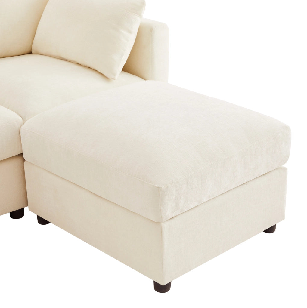 Divano modulare angolare in chenille beige con 2 pouf; braccioli regolabili e 6 cuscini; 284x156;5x86 cm