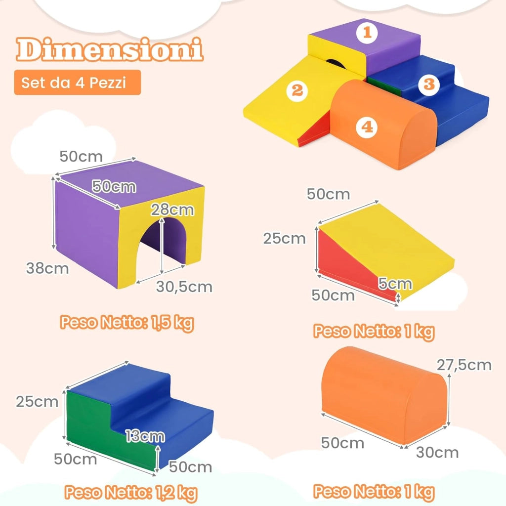 Set di 4 Blocchi in Schiuma per Arrampicarsi e Gattonare per Bambini, Set di Giocattoli Morbidi da Interno con Diverse Forme e Colori per lo Sviluppo dei Bambini (Giallo)