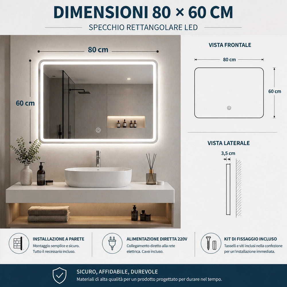 Specchio Rettangolare da Parete con Led Bianco Freddo Caldo e Naturale 80x60cm
