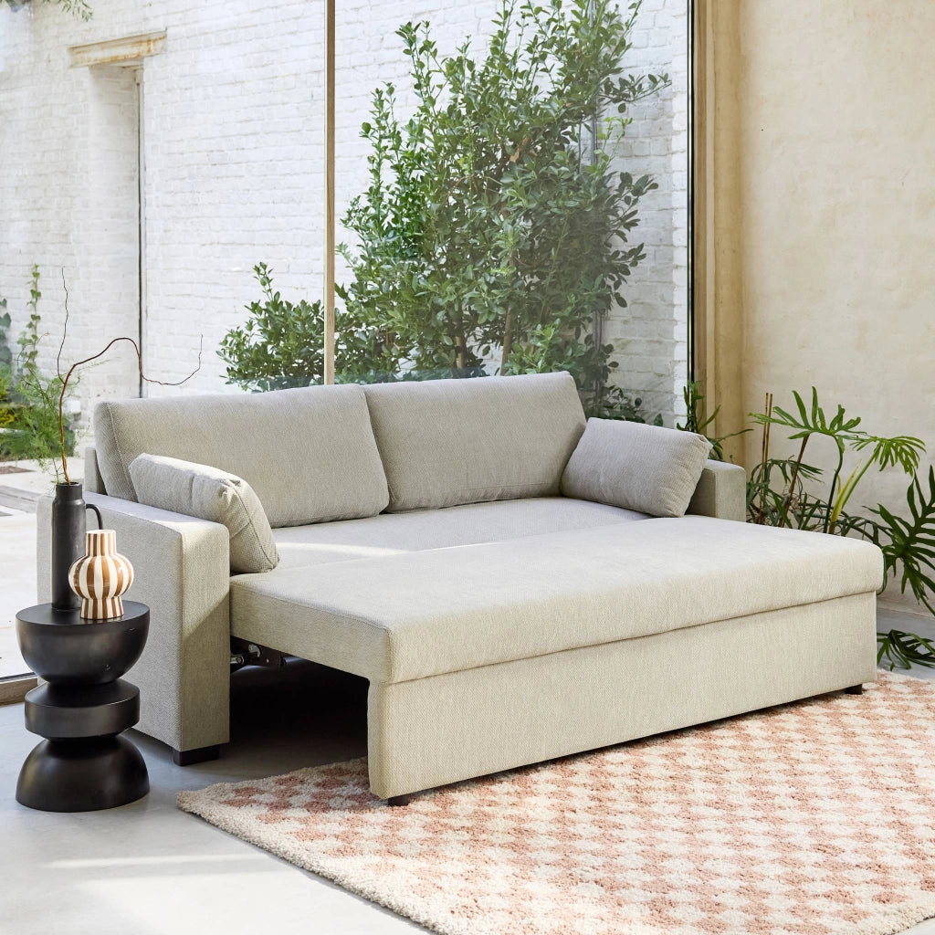 Divano letto in tessuto ciniglia, 3 posti, beige