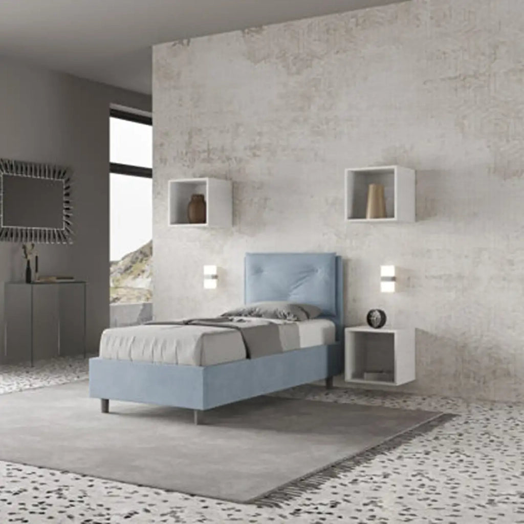 Letto singolo contenitore imbottito 80x190 microfibra azzurro Appia