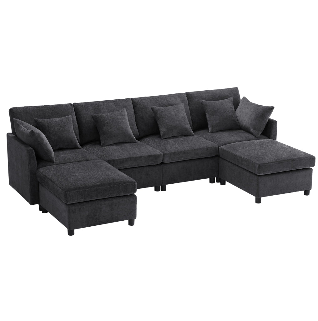 Divano modulare 4-6 posti con 2 pouf e 6 cuscini; 278x161x81 cm; in chenille grigio