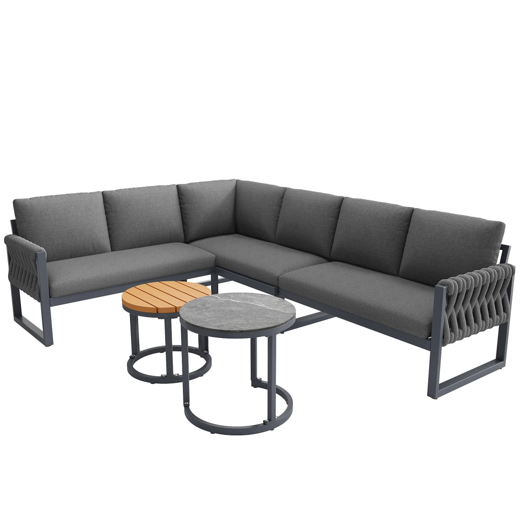Set divano da giardino modulare 5-6 posti con tavolini; cuscini sfoderabili; grigio