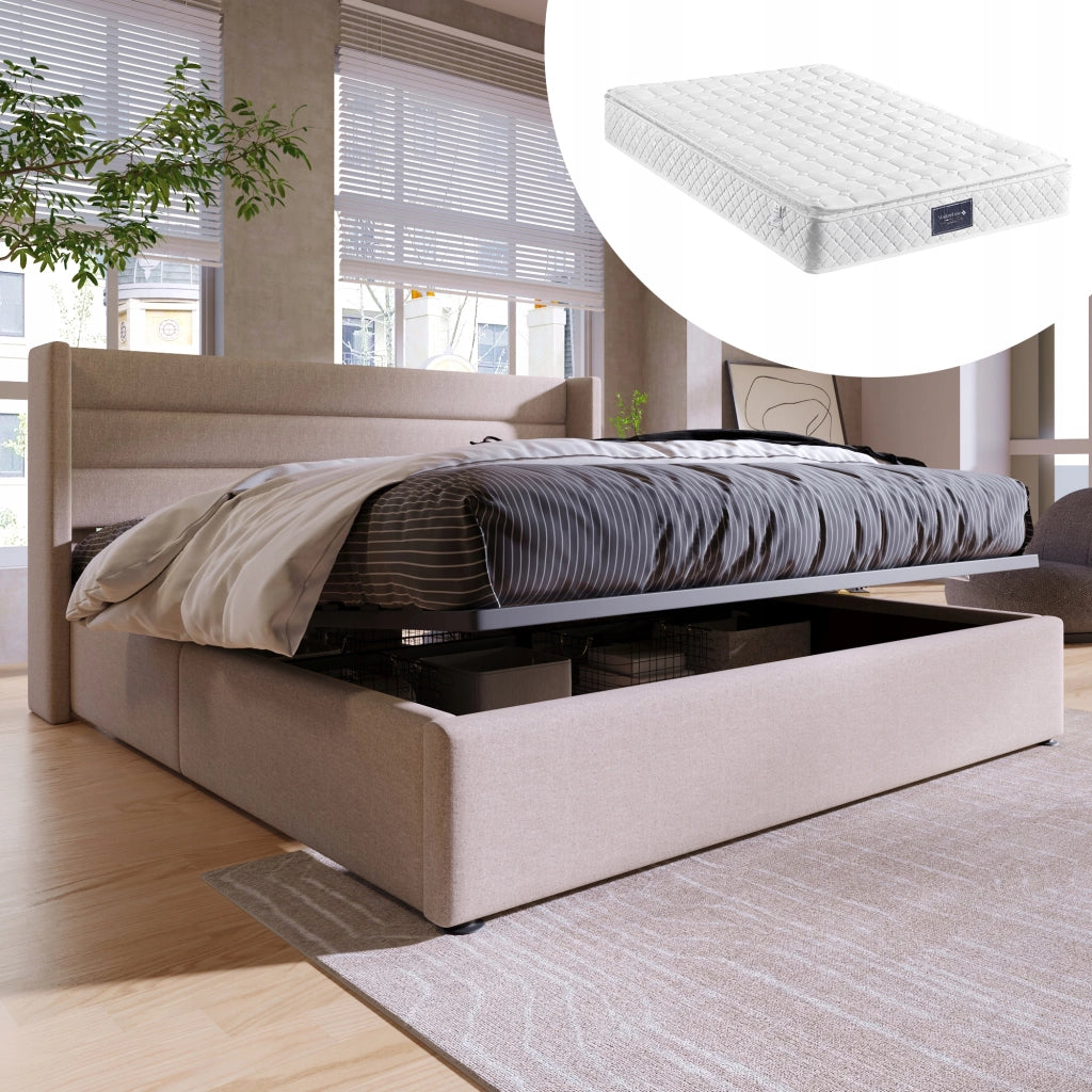 Letto imbottito con idraulica 160x200 beige (con materasso) - Xylo