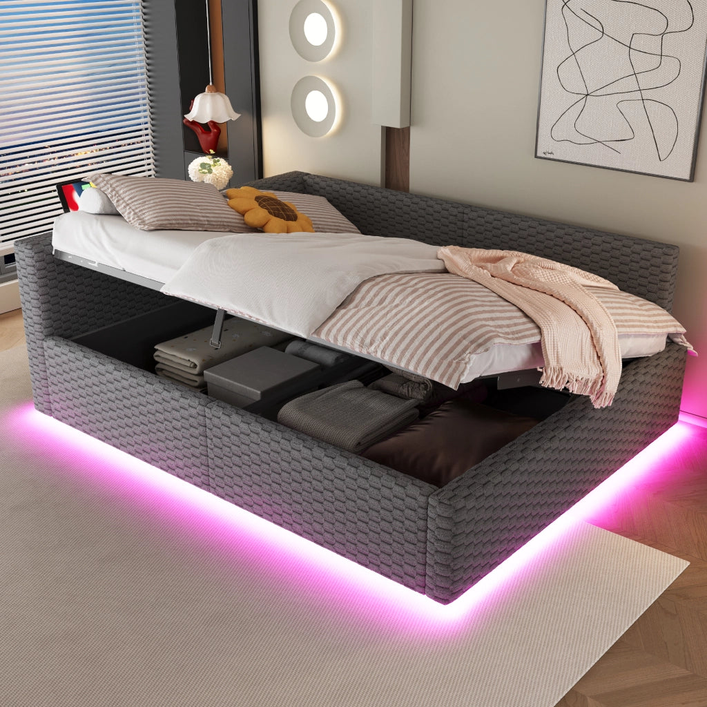 Letto Imbottito 140x200 con LED ¨C MINIMAL ¨C Velluto Grigio, Idraulico, USB