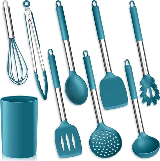 Set di utensili da cucina in silicone a 9 pezzi - blu - resistente al calore - anticarbonizzazione