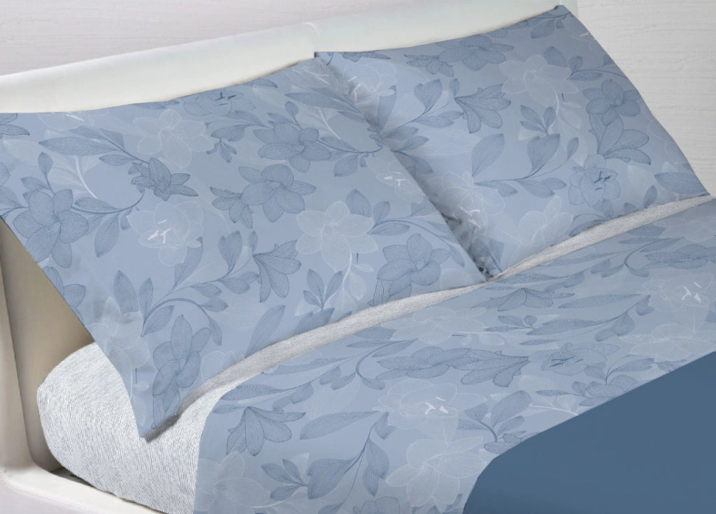 Completo Lenzuola Letto In 100% Cotone Made Italy Disegno Lily - Maxi - Blu