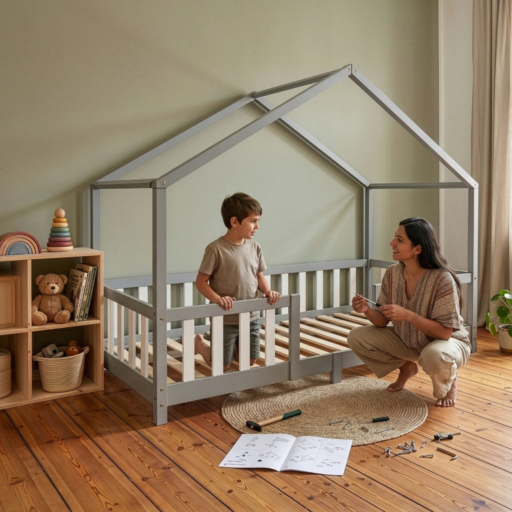 Letto per Cameretta Treviolo a Forma di Casetta in Stile Montessori 90x200 cm Grigio Chiaro/Bianco [en.casa]
