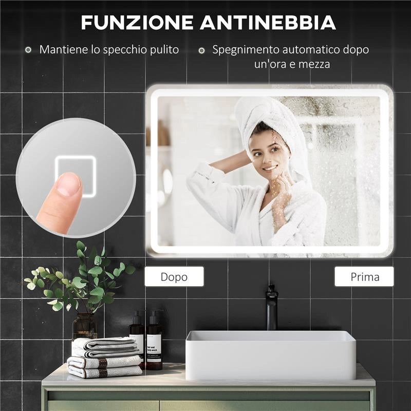 SPECCHIO BAGNO CON INTERRUTTORE TOUCH, LUCE LED A 3 TEMPERATURE E ANTIAPPANNAMENTO, 70X100CM