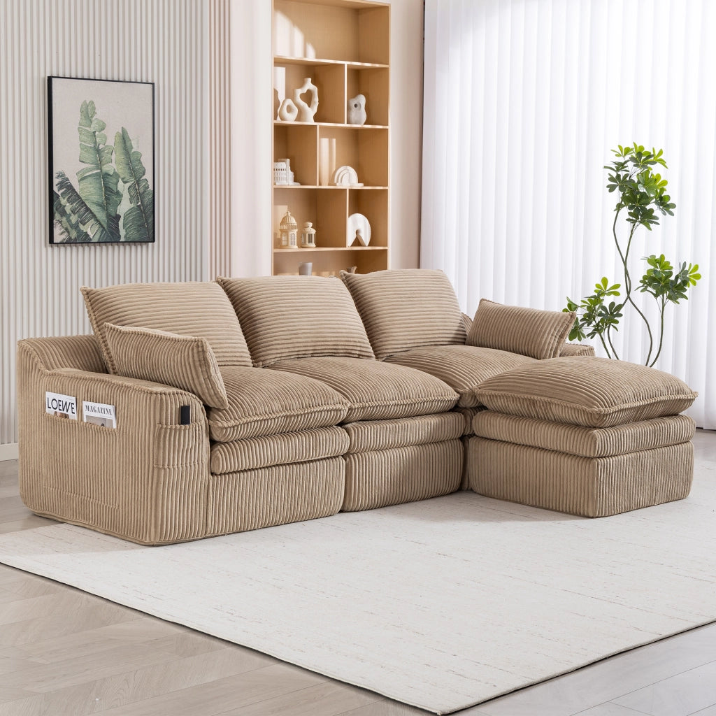 Divano modulare 3 posti in tessuto corduroy khaki con pouf, tasche laterali e cuscini