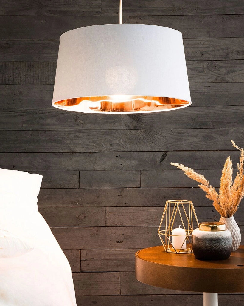 Lampada a Sospensione in Tessuto Bianco e Rame Forma Campana Moderna